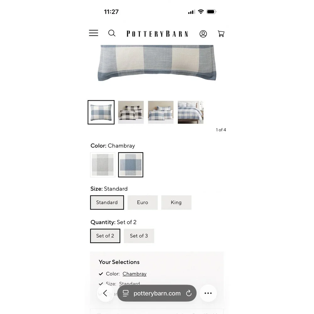 Pottery Barn Bryce Check Standard Sham Set 2 Chambray Blue White Cotton NEW